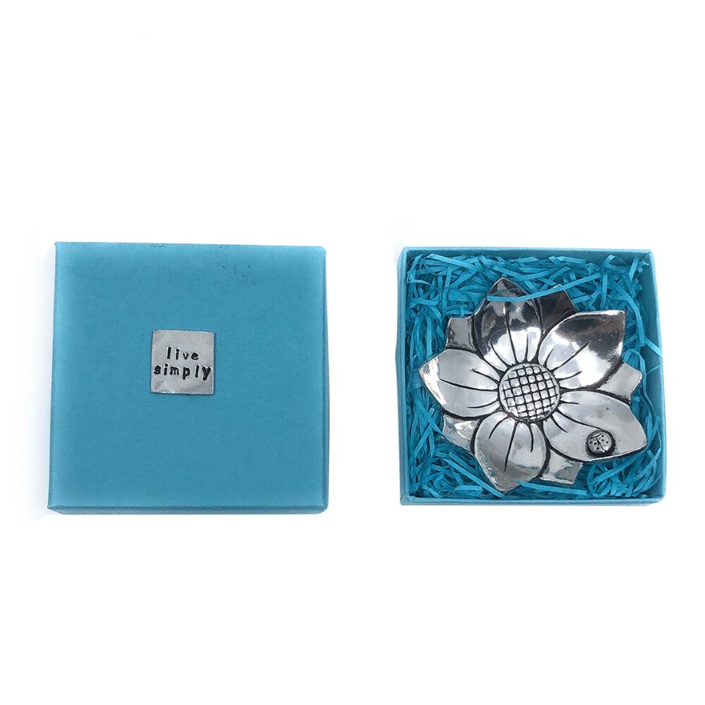 Handmade Ring Bowl Trinket Dish Tray Pewter Sunflower with Ladybug Gift New